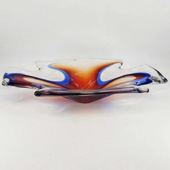 Abstract Blue Red Orange Hand Blown Art Glass Bowl/Candy Dish Polished Pontil - Picture 3 of 5